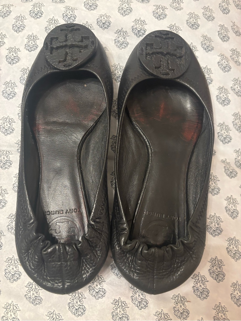 Tory Burch Black Leather Logo Ballet Flats